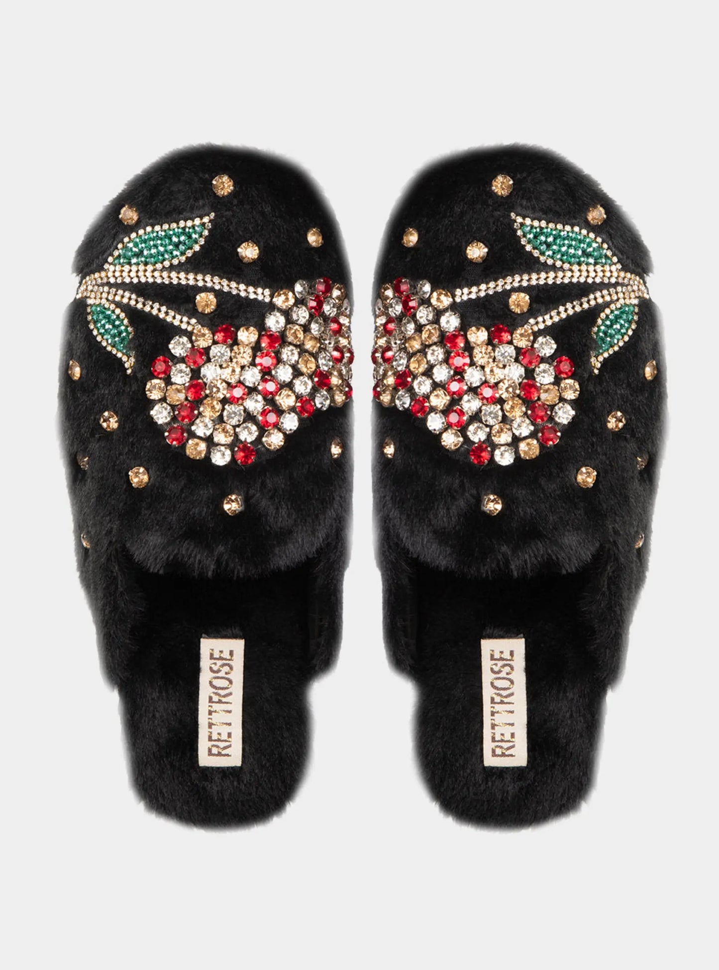 The Georgie Black Luxury Handmade Women’s Slippers – Full Faux Fur Front-Covered, Comfortable Rubber Sole, Diamanté Embellished Rettrose