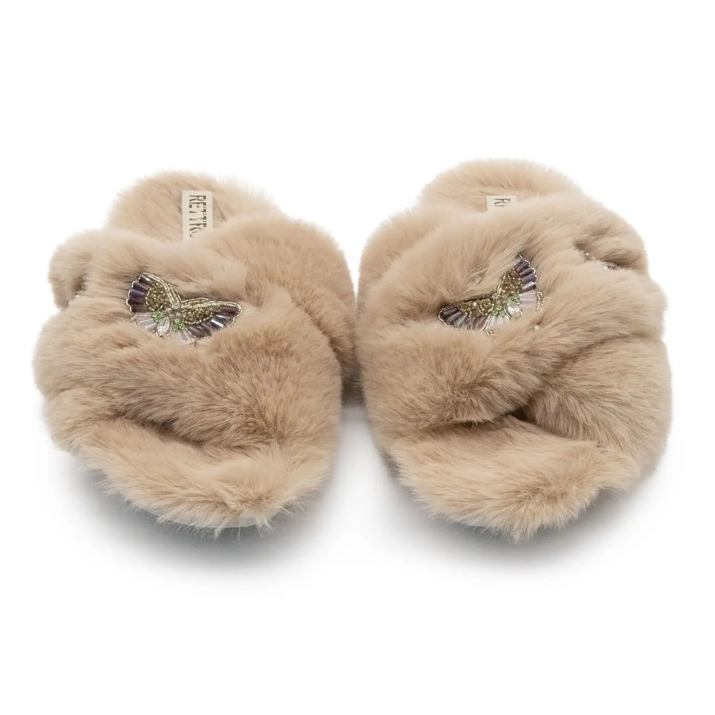 The Sadie Mink Luxury Handmade Women’s Slippers – Beige Faux Fur Front-to-Toe, Diamanté Butterfly, Comfortable Rubber Sole Rettrose