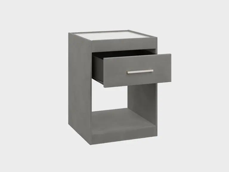 Eve Sleep The Tamara Bedside Table - grey finish, side view with open drawer