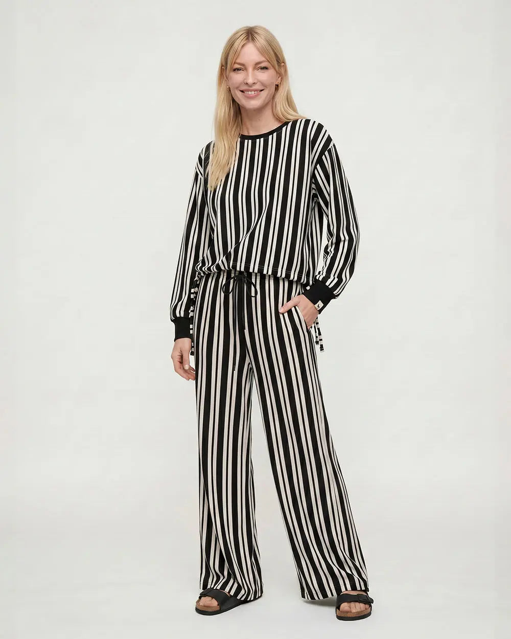 Thi Black Stripe Print Wide Leg Trouser Turtledove London