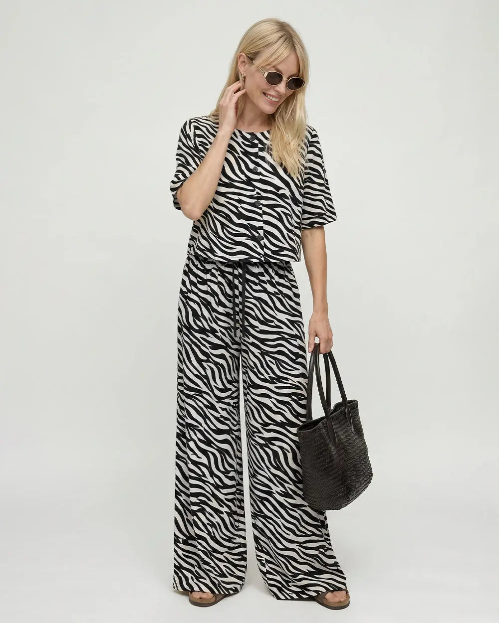 Thi Cream Tiger Stripe Print Wide Leg Trouser Turtledove London