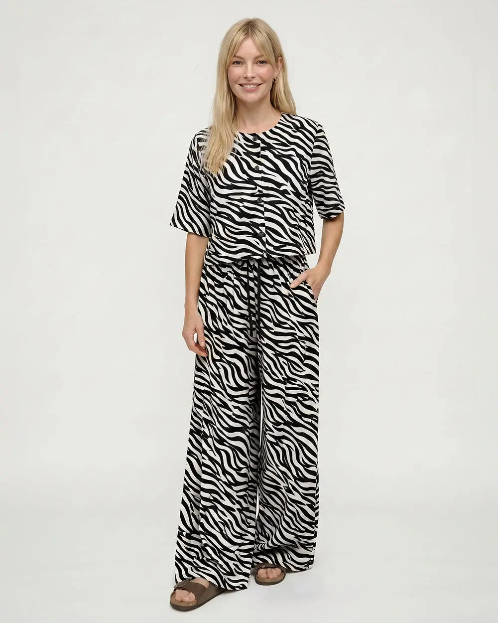 Thi Cream Tiger Stripe Print Wide Leg Trouser Turtledove London