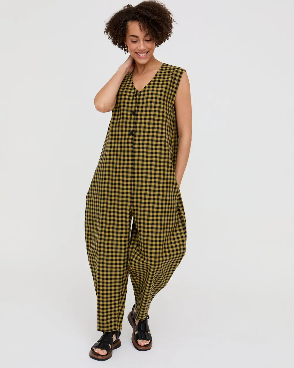 Tru Mustard Check Print Jumpsuit Turtledove London
