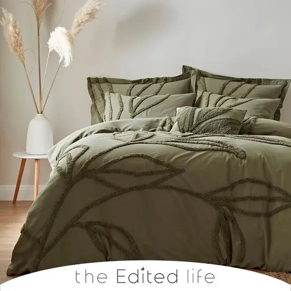Tufted Leaf Olive 100% Organic Cotton Duvet Cover and Pillowcase Set Dunelm