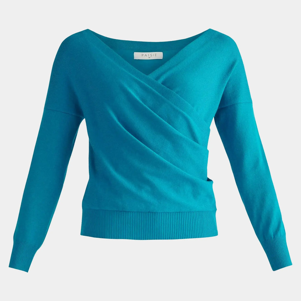 Turquoise Knitted Wrap Top With Long Sleeves Paisie