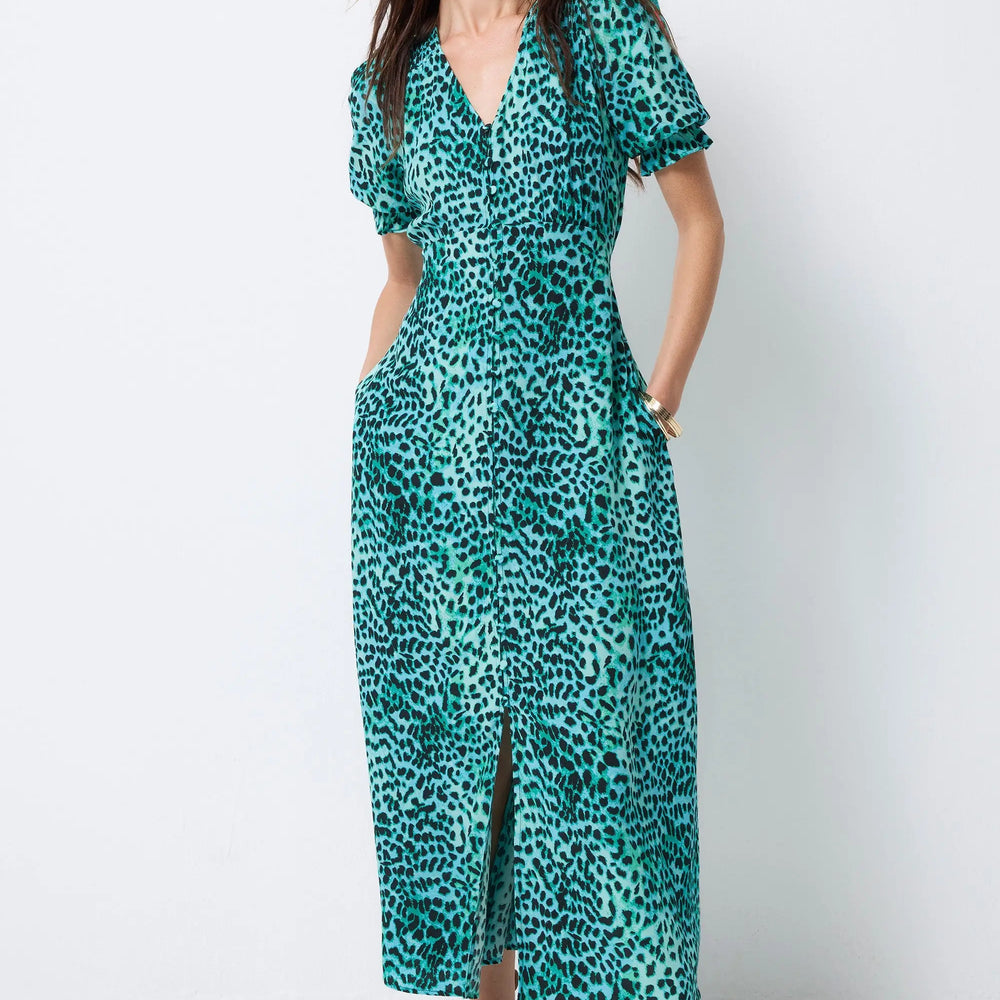 Turquoise with Black Leopard Flute Sleeve Midi Tea Dress Scamp & Dude