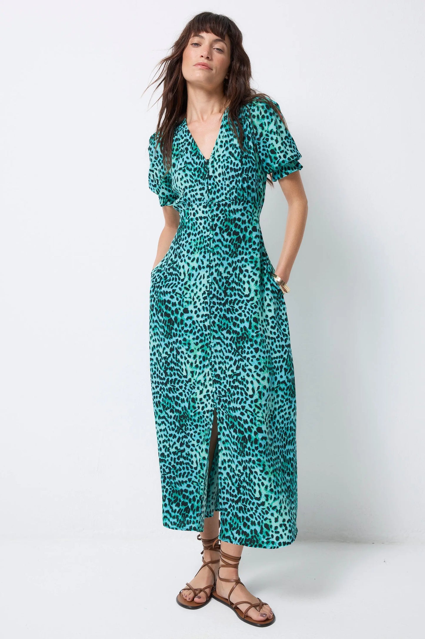 Turquoise with Black Leopard Flute Sleeve Midi Tea Dress Scamp & Dude