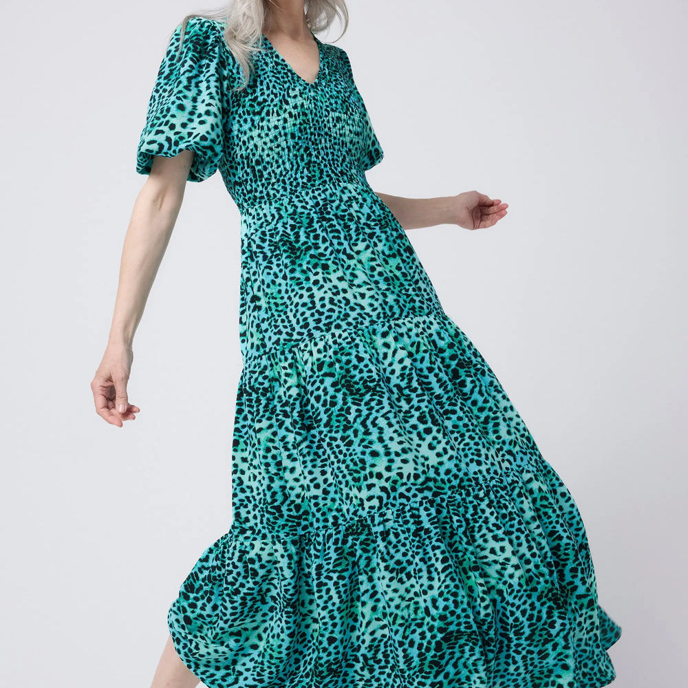 Turquoise with Black Leopard Puff Sleeve Maxi Dress Scamp & Dude
