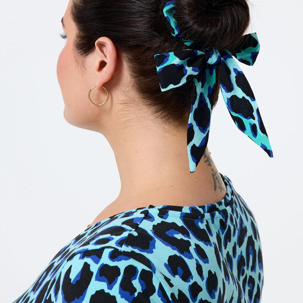 Turquoise with Black and Blue Shadow Leopard Surplus Fabric Bow Scrunchie Scamp & Dude