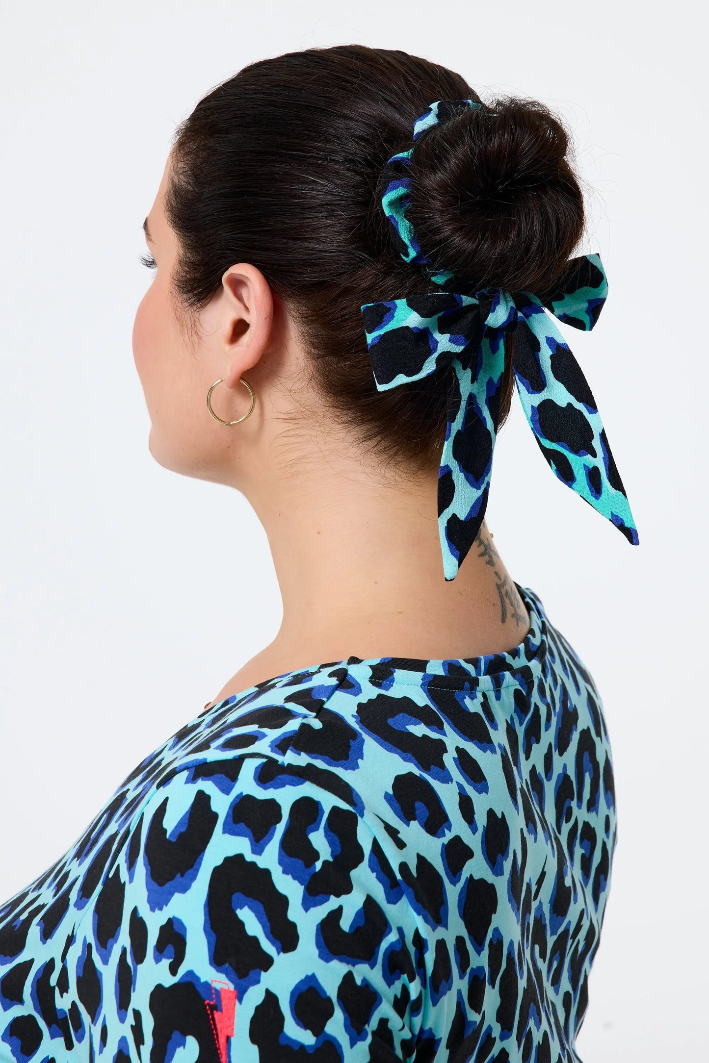 Turquoise with Black and Blue Shadow Leopard Surplus Fabric Bow Scrunchie Scamp & Dude