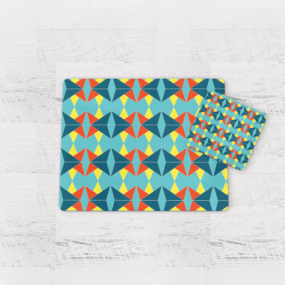 Turquoise and Orange Retro Geometric Placemats, Set of 4 or Set of 6 Shadow bright
