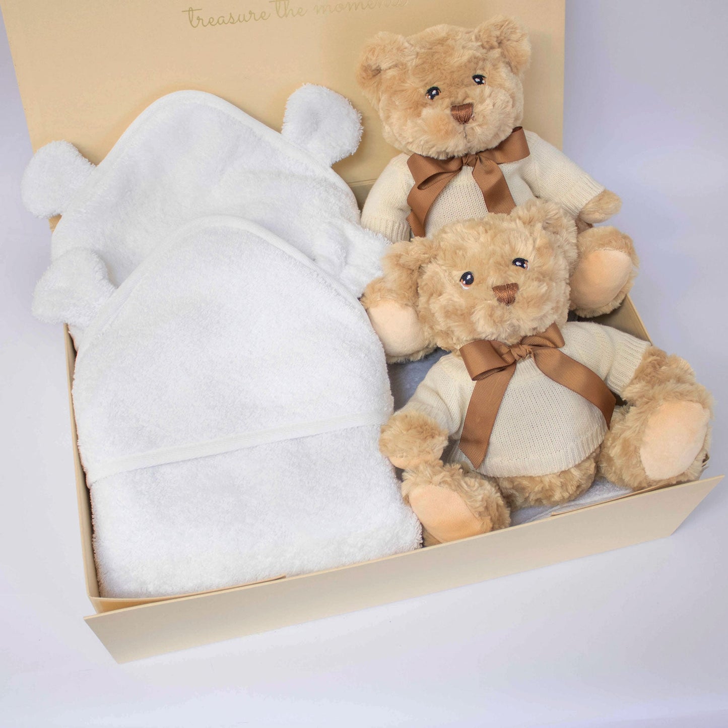 TWIN NEUTRAL TEDDY AND TOWEL HAMPER The Baby Gifting Company