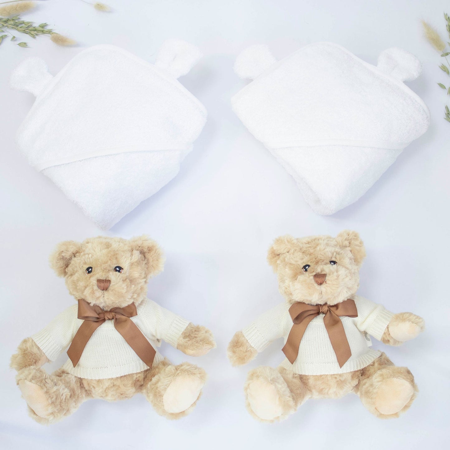 TWIN NEUTRAL TEDDY AND TOWEL HAMPER The Baby Gifting Company