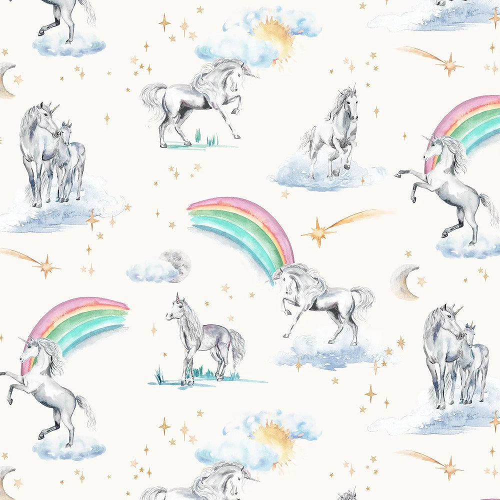 Unicorns and rainbows hand-designed wallpaper Katie Hipwell Design