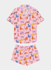 Whimsical Happy Cats Women's Short Sleeve Cotton Pyjama Short Set Myza