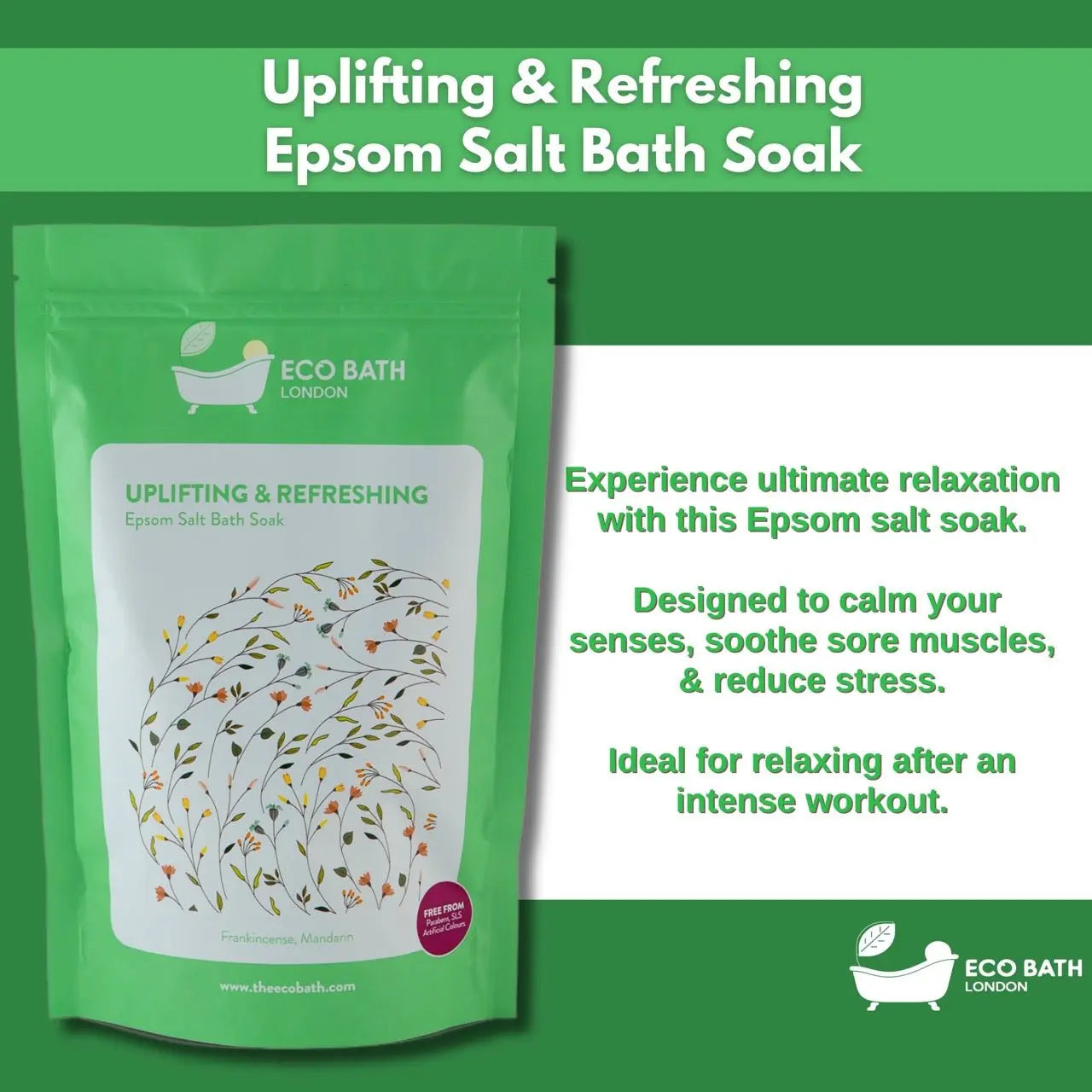 Uplifting and Refreshing Epsom Salt Bath Soak Pouch | 500g & 1000g Eco Bath London