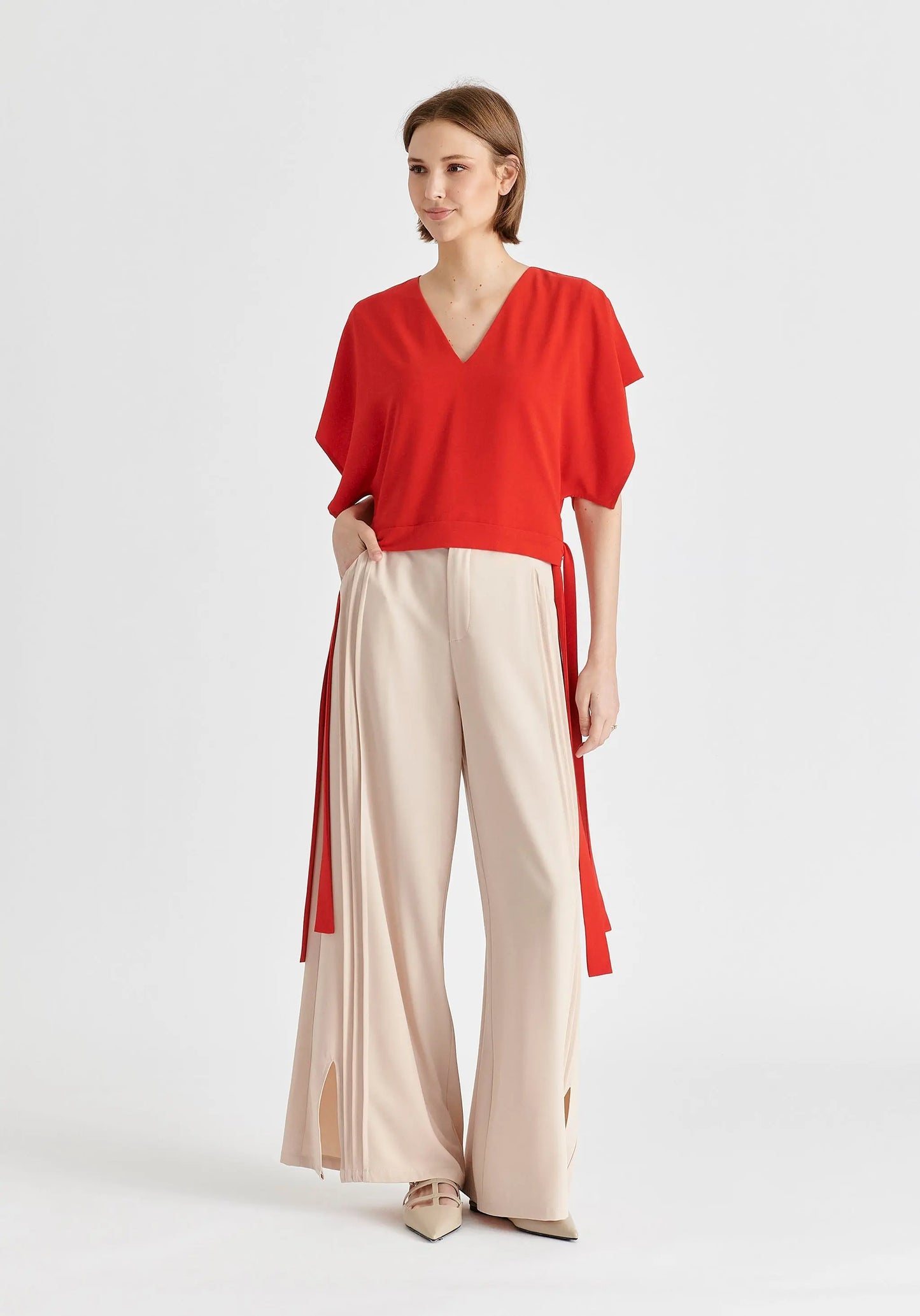 V-Neck Side Tie Top With Batwing Sleeves Paisie