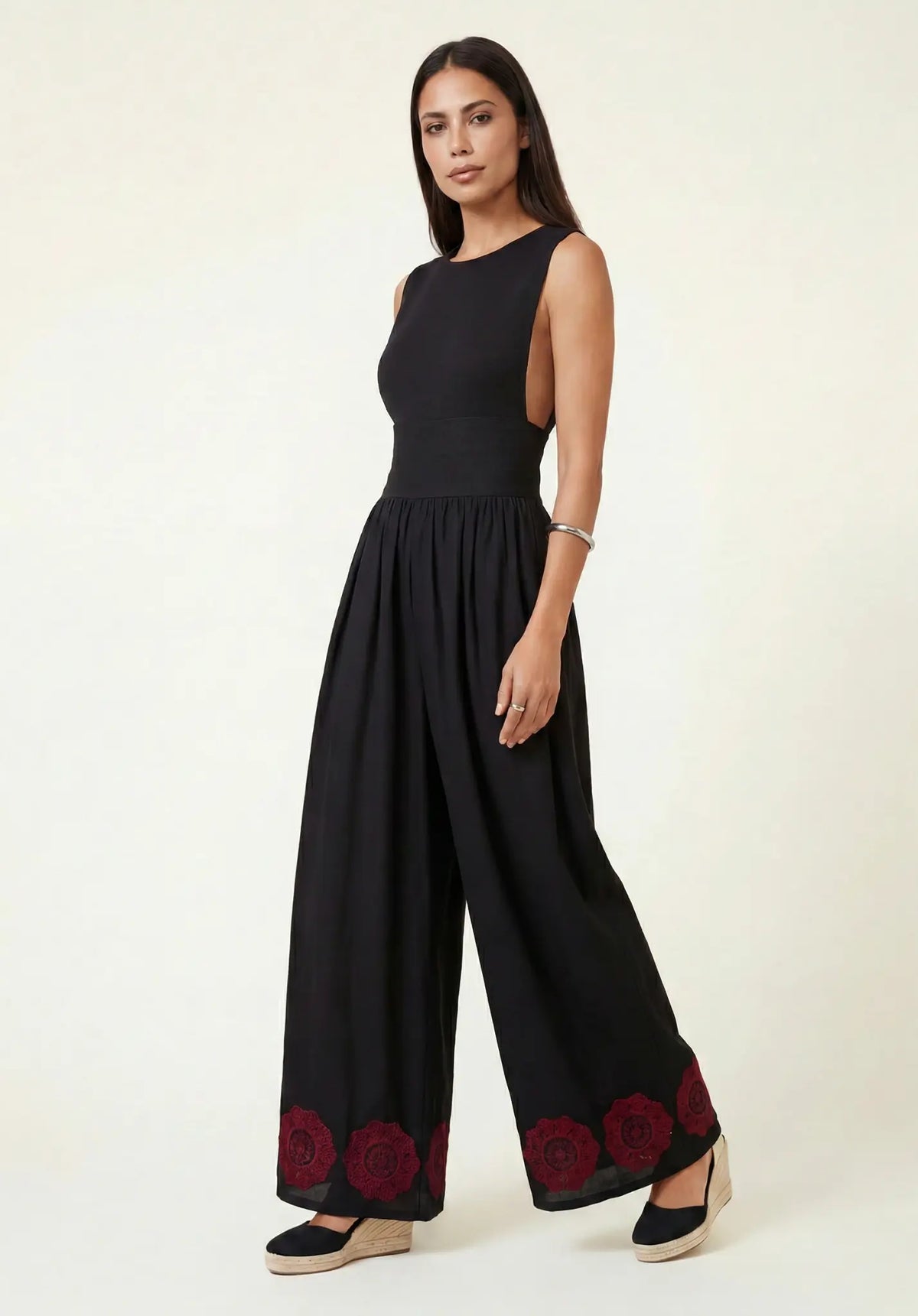 Vanessa Wide Leg Embroidered Jumpsuit In Black Raffya
