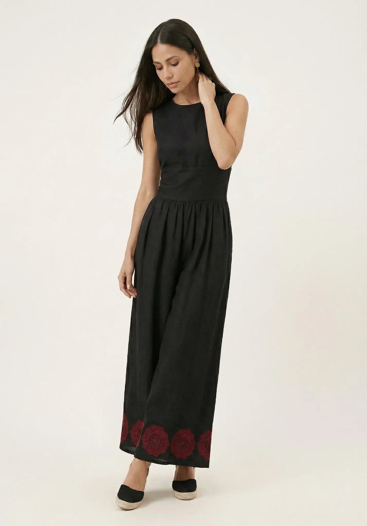 Vanessa Wide Leg Embroidered Jumpsuit In Black Raffya