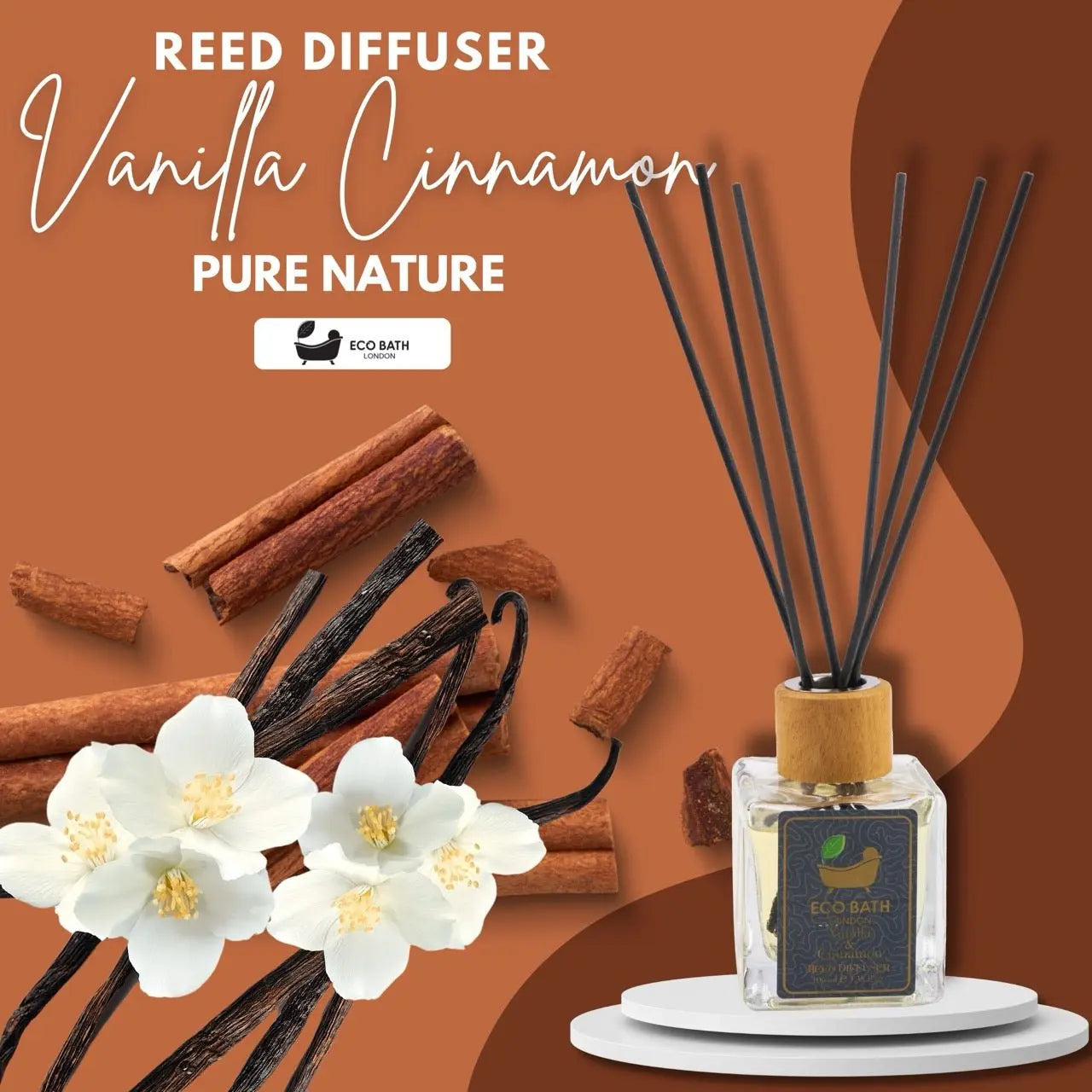 Vanilla Cinnamon Reed Diffuser - Luxurious Herbal Scent of Cinnamon and Vanilla, Long Lasting Room Diffuser, 100ml (3.38 Fl.Oz) Eco Bath London