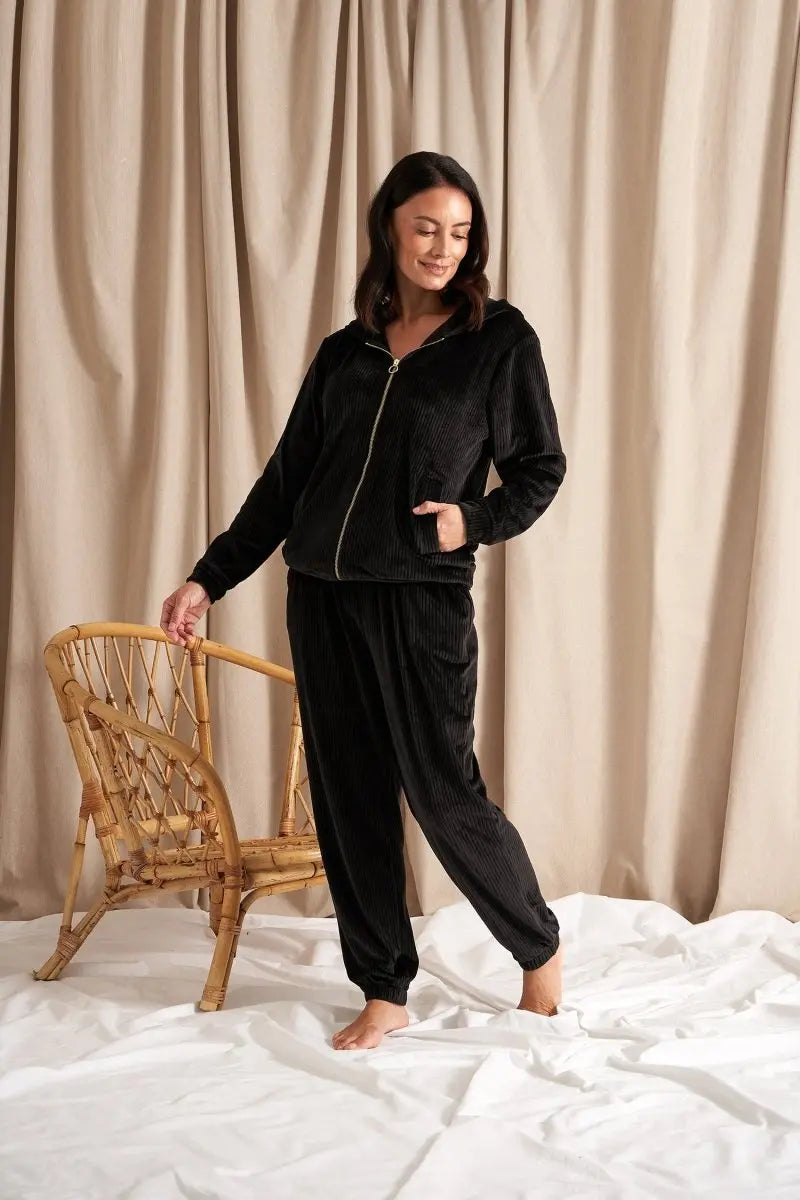 Velour Hoody Jogger Set in Black Pretty You London
