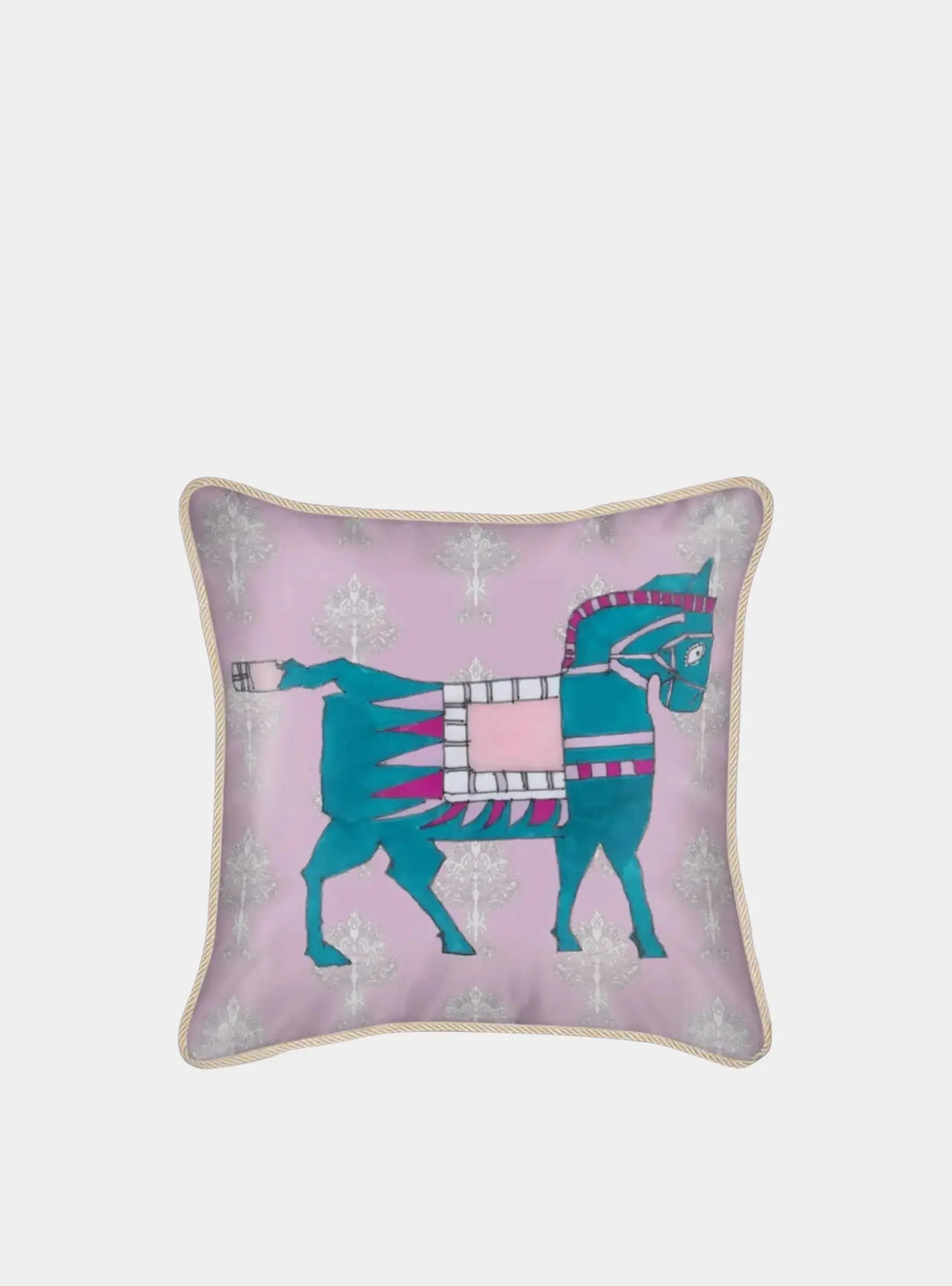 Velvet Cushion - Turquoise Horse on Pink Long Studio Design