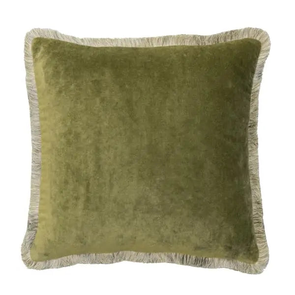 Venetia Olive, Sustainable Feather, Cushion Sophie Paterson With Trim/Fringe & Velvet Plain & Plain Texture Andrew Martin
