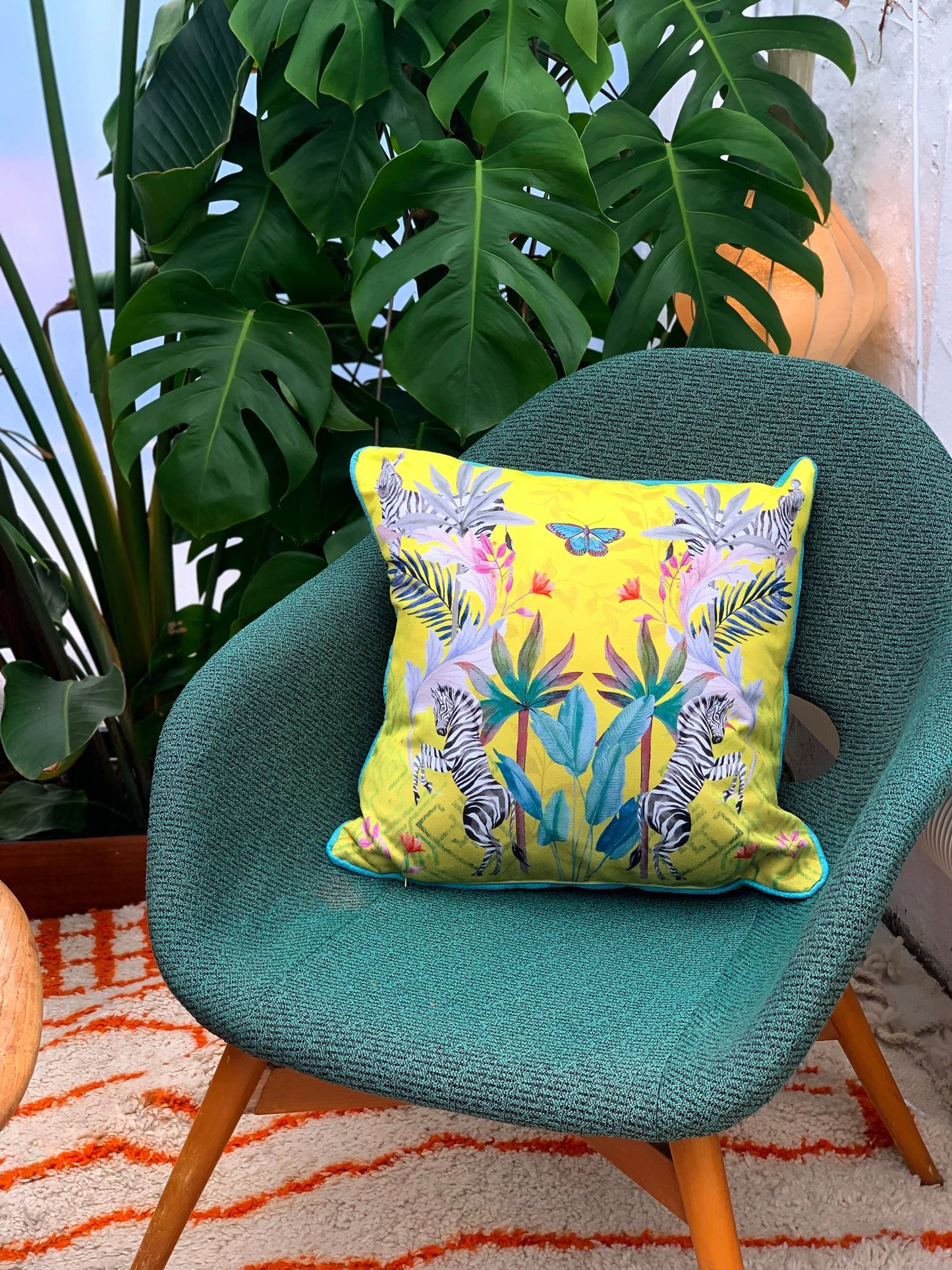 Vibrant citrus yellow watercolour art Cushion 'Stallion' double sided Zebra design, made from Vegan friendly Suede Alice Acreman Silks