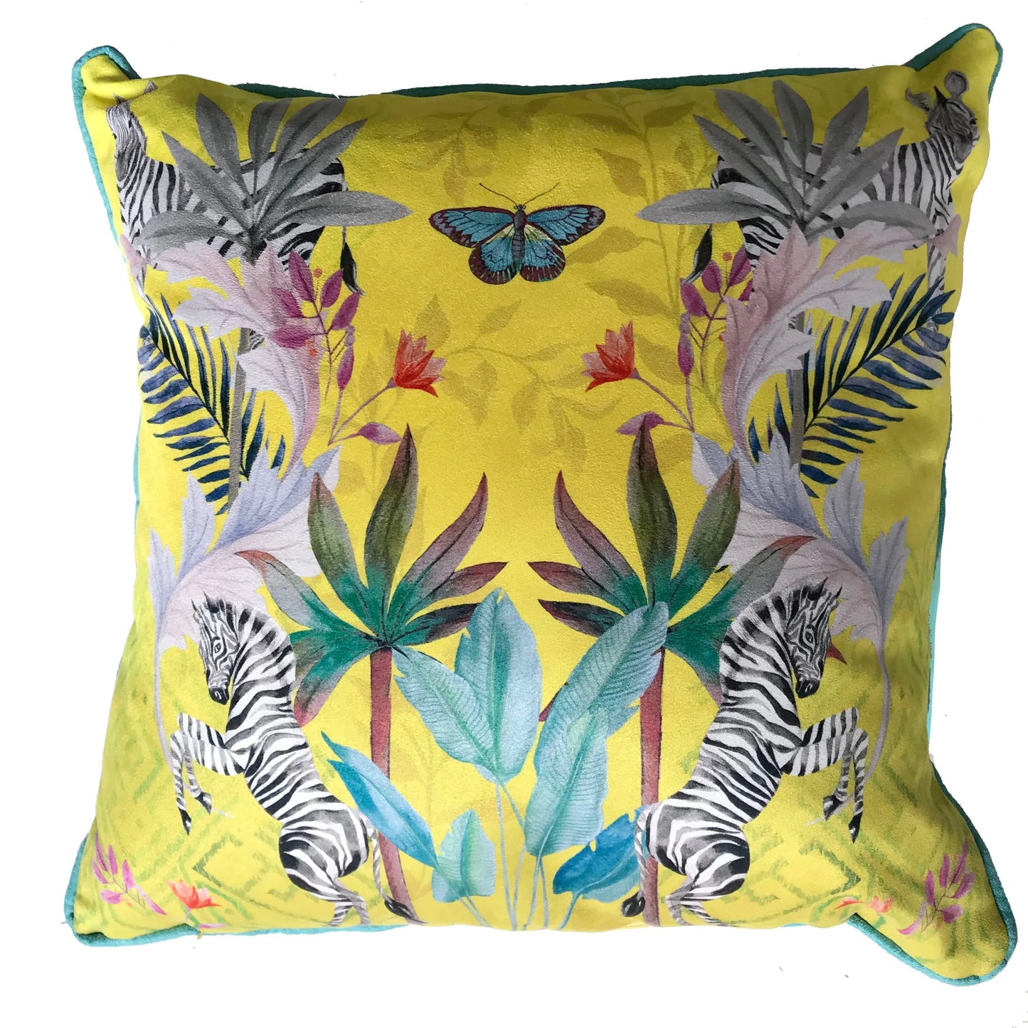Vibrant citrus yellow watercolour art Cushion 'Stallion' double sided Zebra design, made from Vegan friendly Suede Alice Acreman Silks