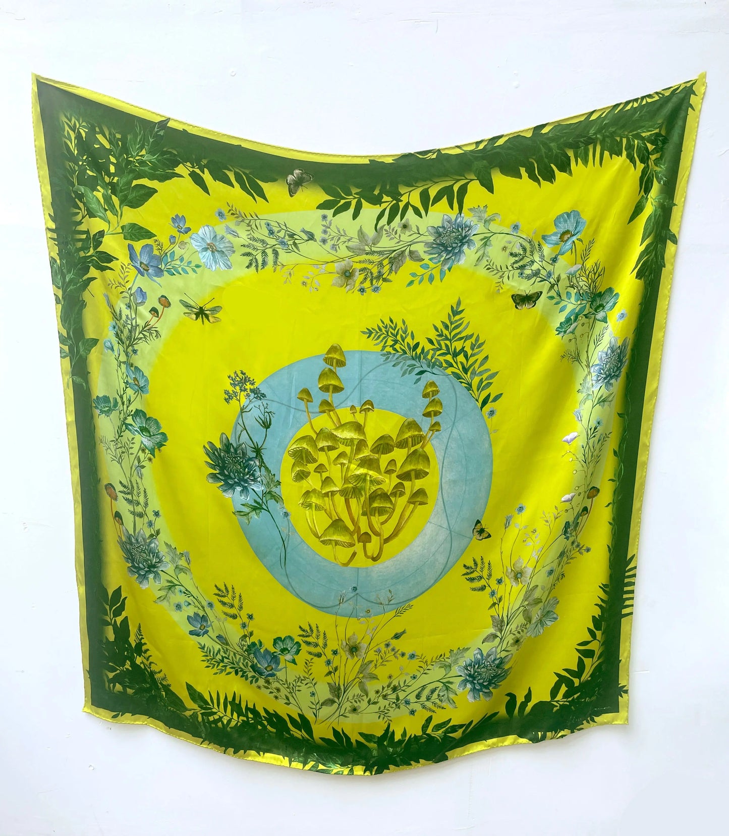 Vibrant yellow and pale blue ‘Luciferin’ floral silk scarf Alice Acreman Silks