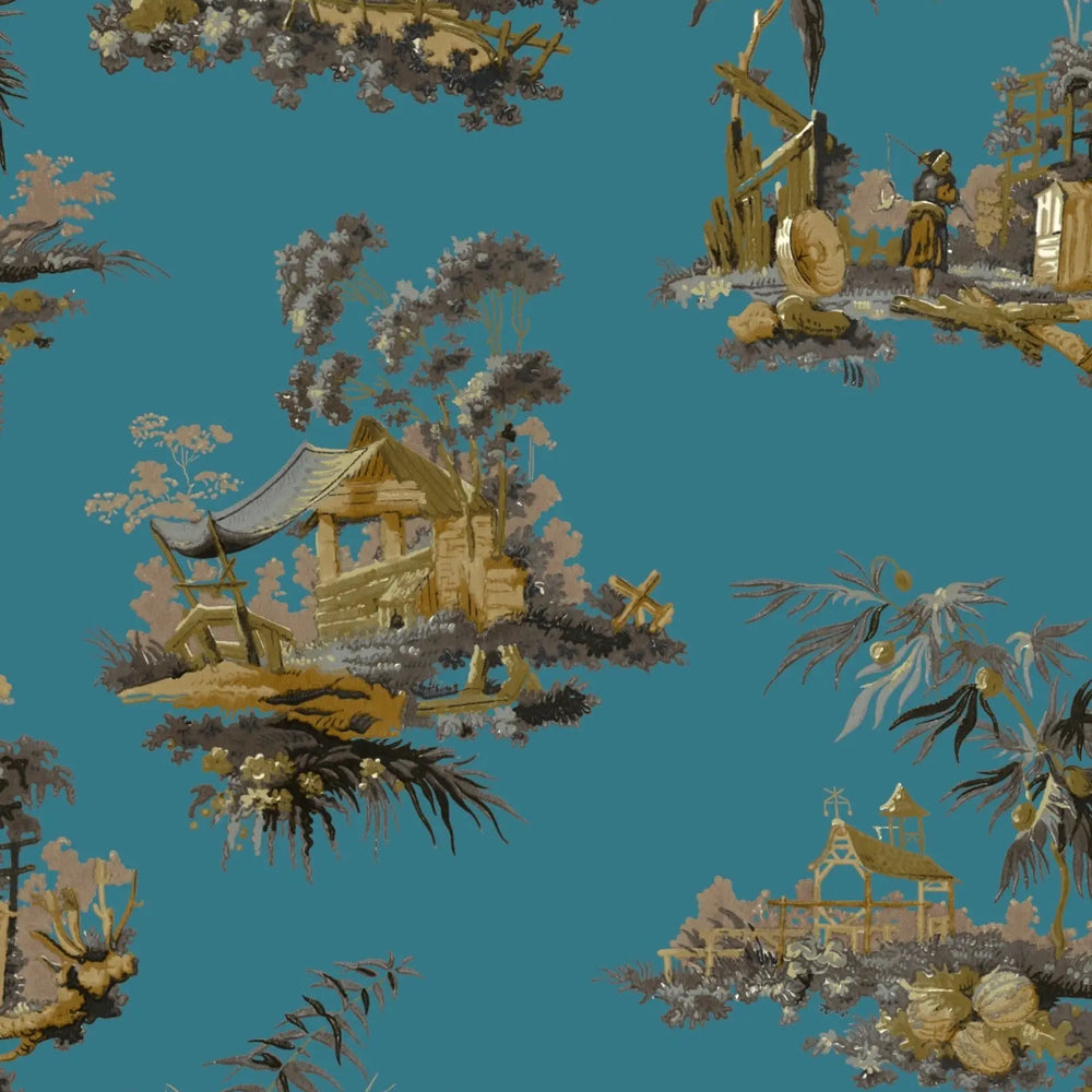 Vintage Oriental Wallpaper - Turquoise Sharon Jane