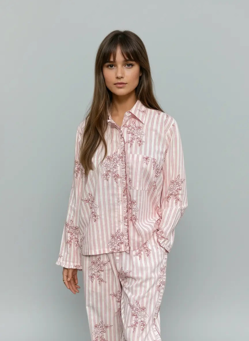 Vintage Pink Stripe & Rose Women's Organic Cotton Pyjama Trouser Set AMOKA DALO