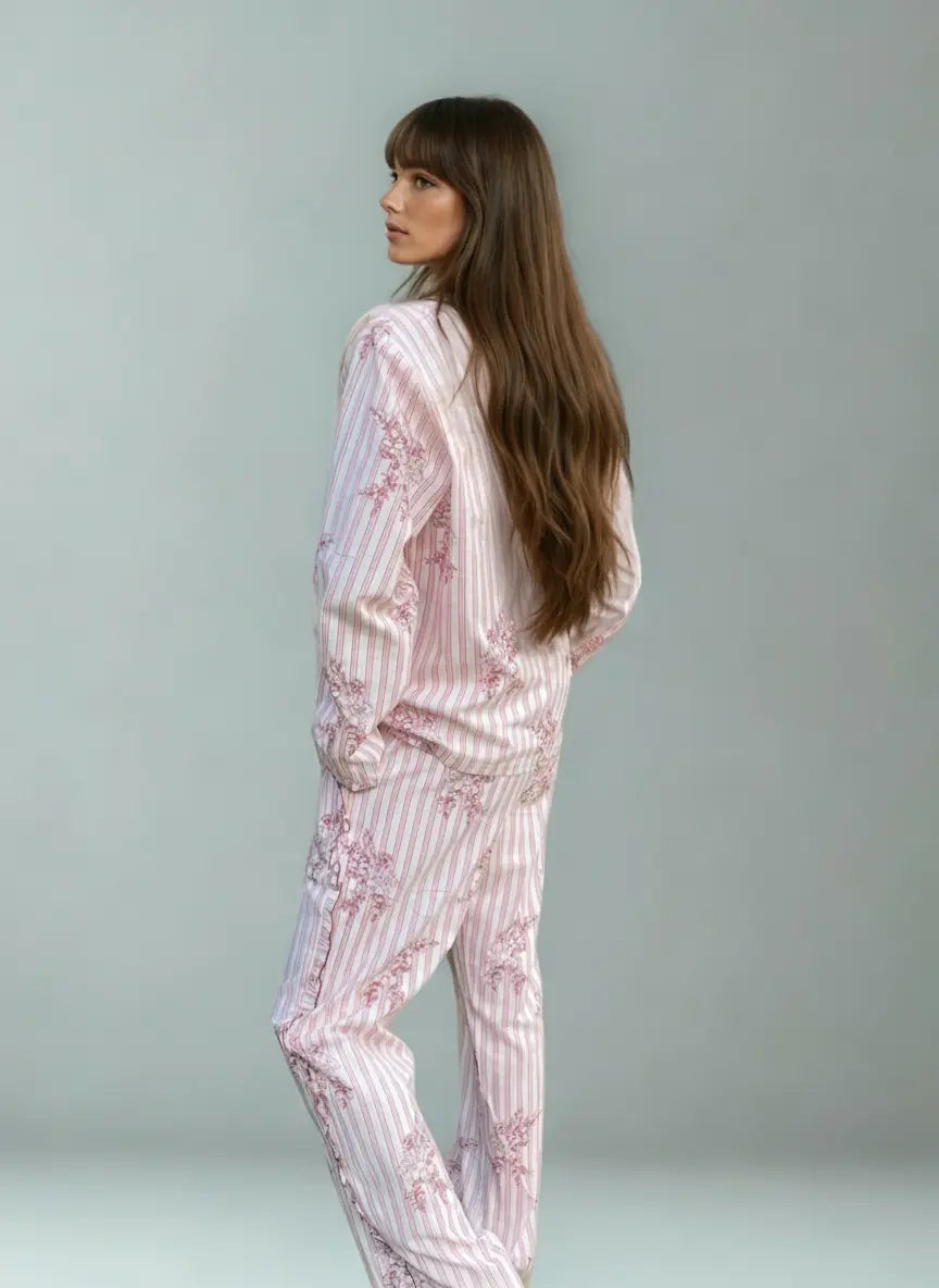 Vintage Pink Stripe & Rose Women's Organic Cotton Pyjama Trouser Set AMOKA DALO