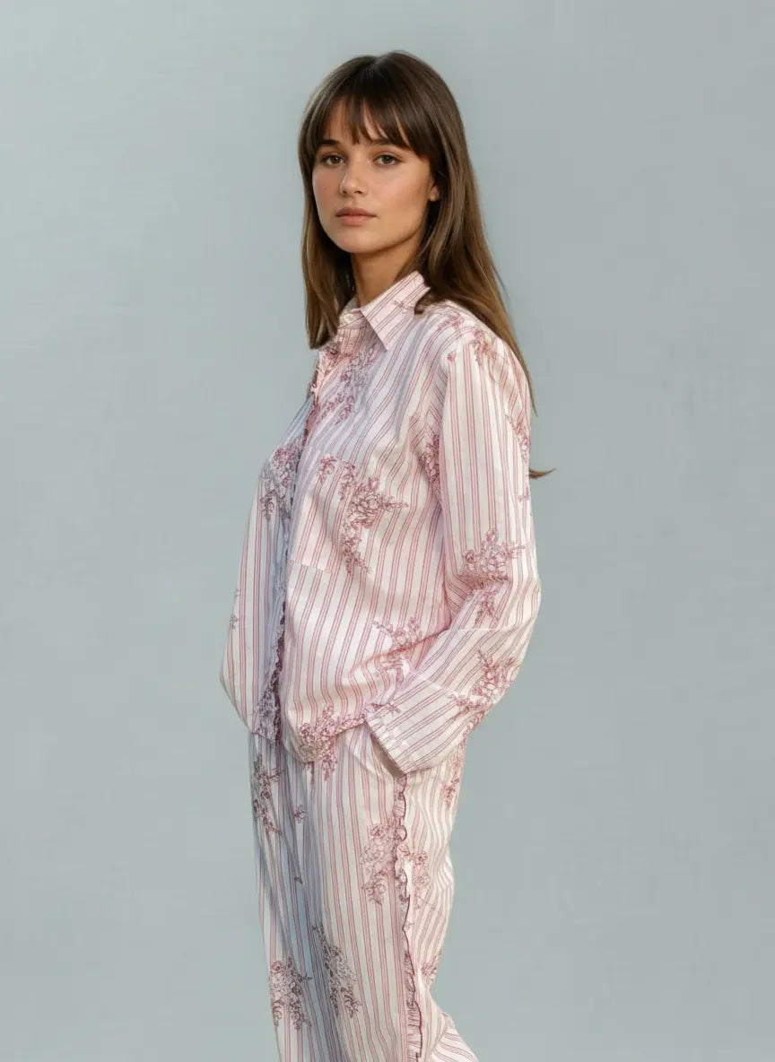 Vintage Pink Stripe & Rose Women's Organic Cotton Pyjama Trouser Set AMOKA DALO