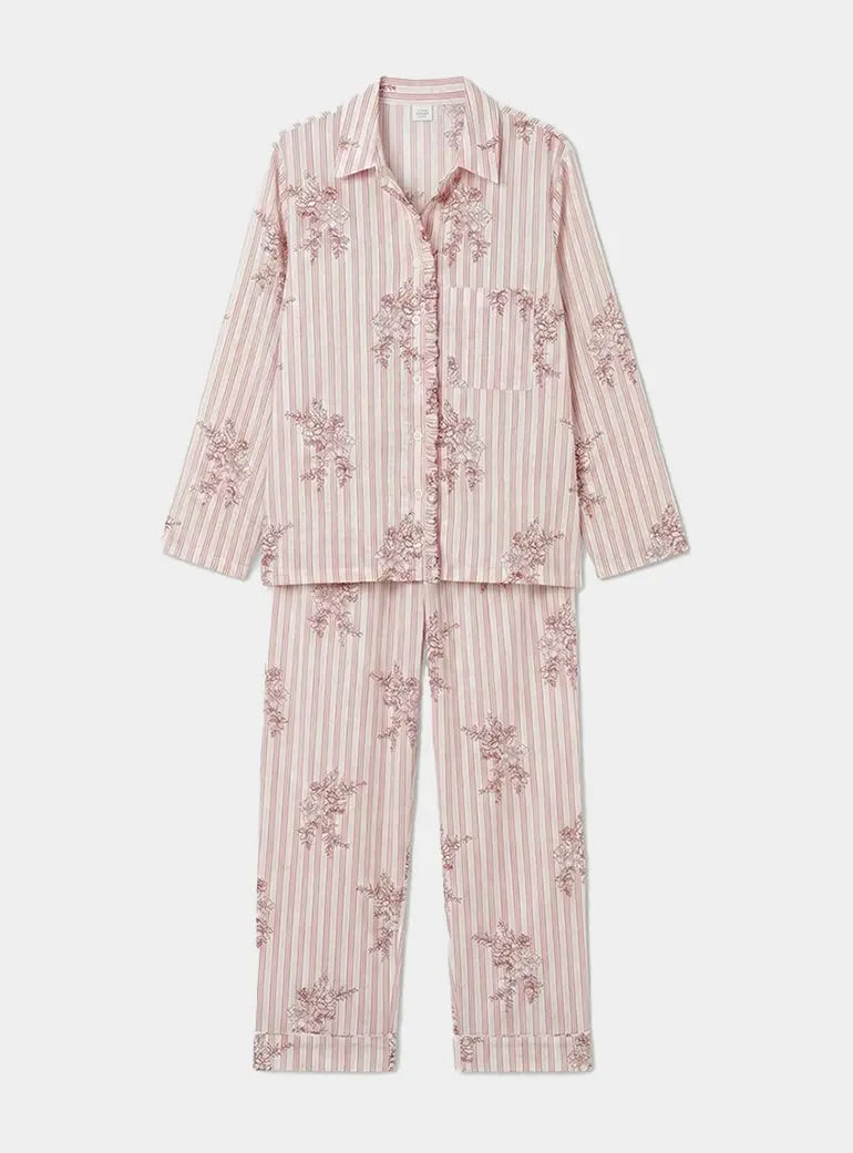 Vintage Pink Stripe & Rose Women's Organic Cotton Pyjama Trouser Set AMOKA DALO