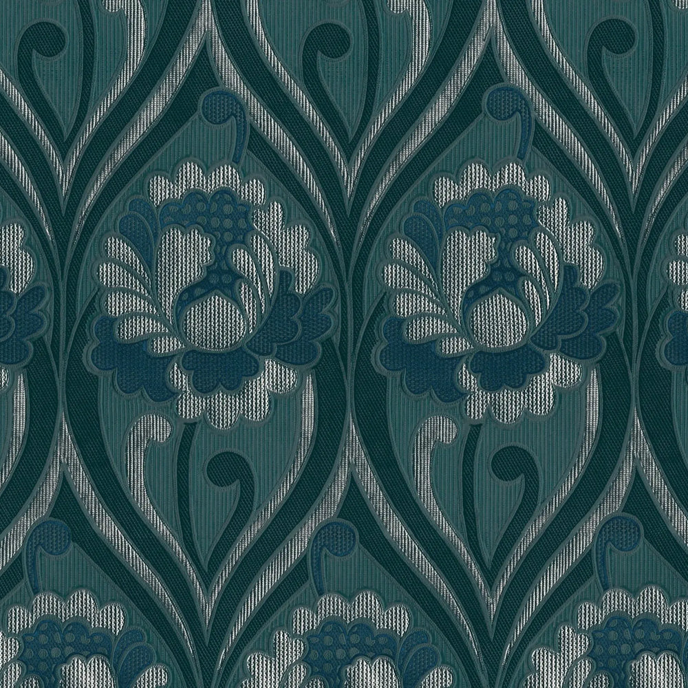 Vintage floral damask Wallpaper - Petrol Sharon Jane