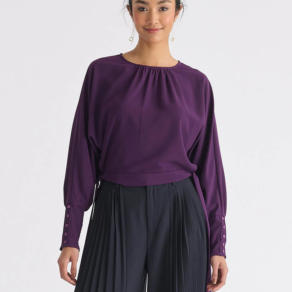 Waist Tie Top With Shirred Cuffs Paisie