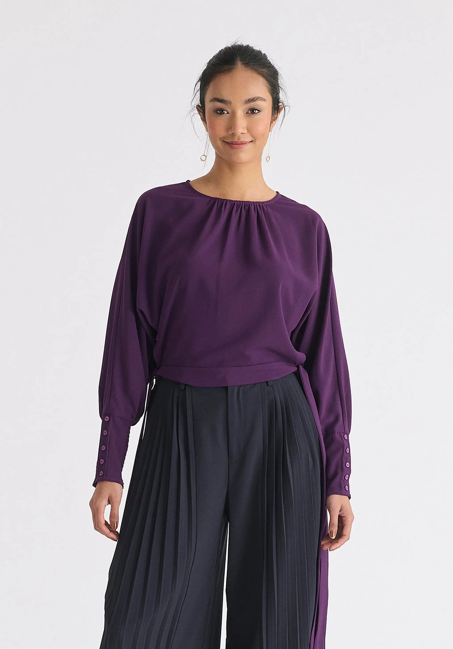 Waist Tie Top With Shirred Cuffs Paisie