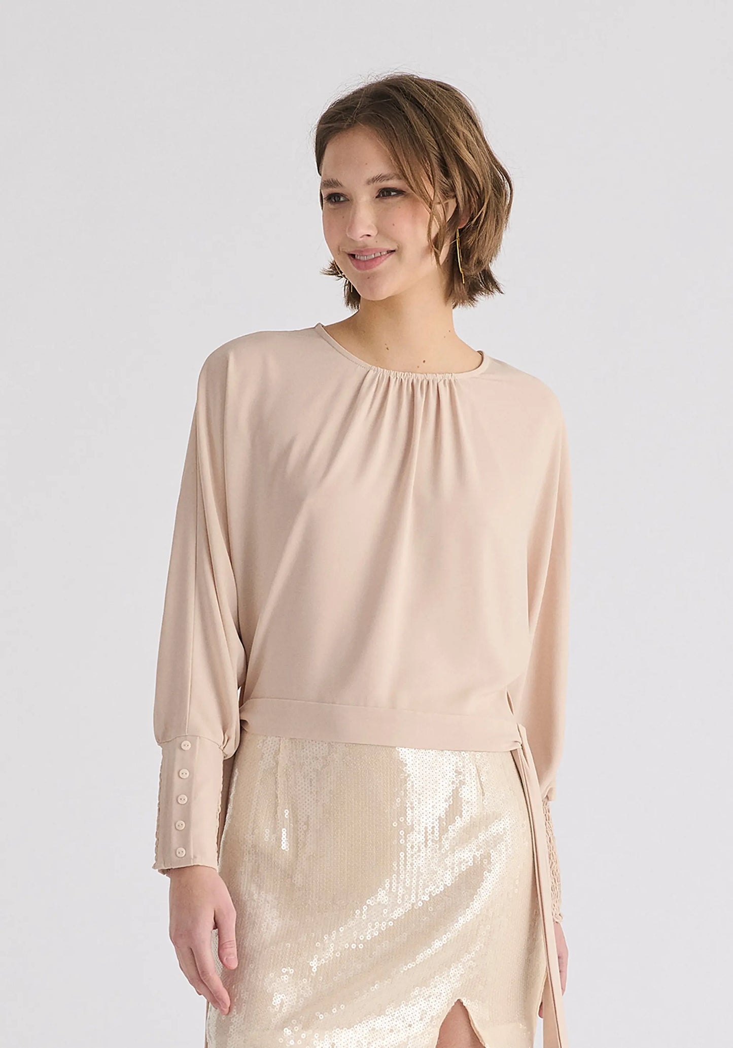 Waist Tie Top With Shirred Cuffs Paisie