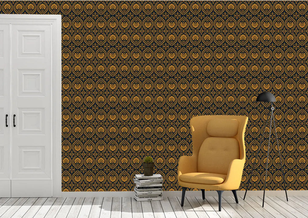 Wallpaper Acanthus And Wreath Ochre On Blue - £37.50 per sq metre Long Studio Design