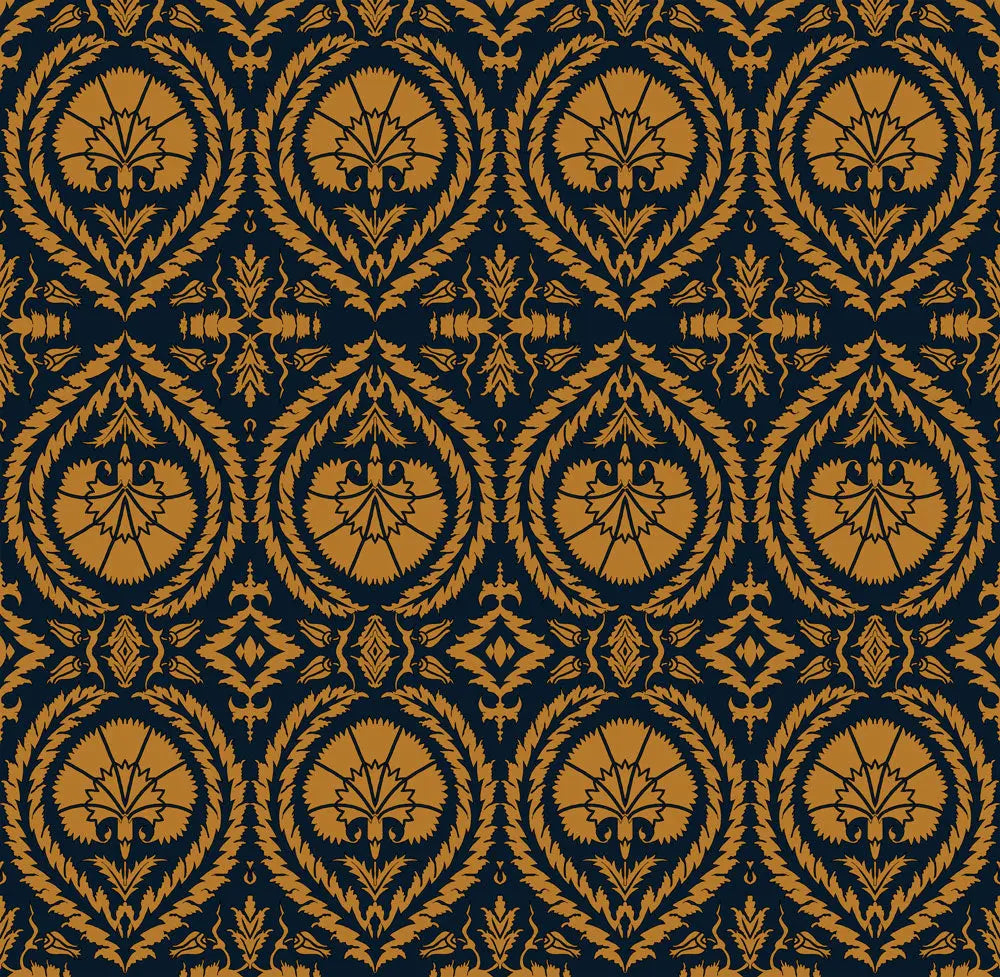 Wallpaper Acanthus And Wreath Ochre On Blue - £37.50 per sq metre Long Studio Design