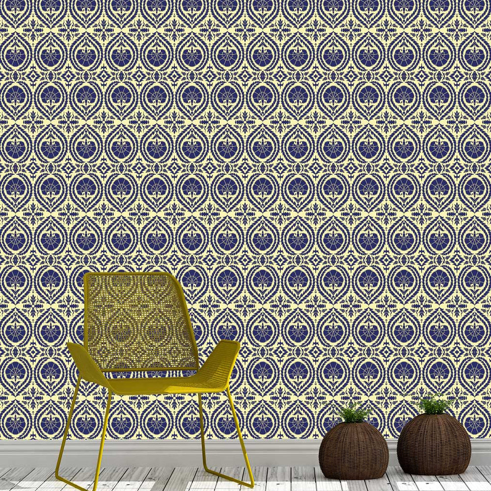 Wallpaper Acanthus and Wreath Blue On Yellow - £37.50 per sq metre Long Studio Design