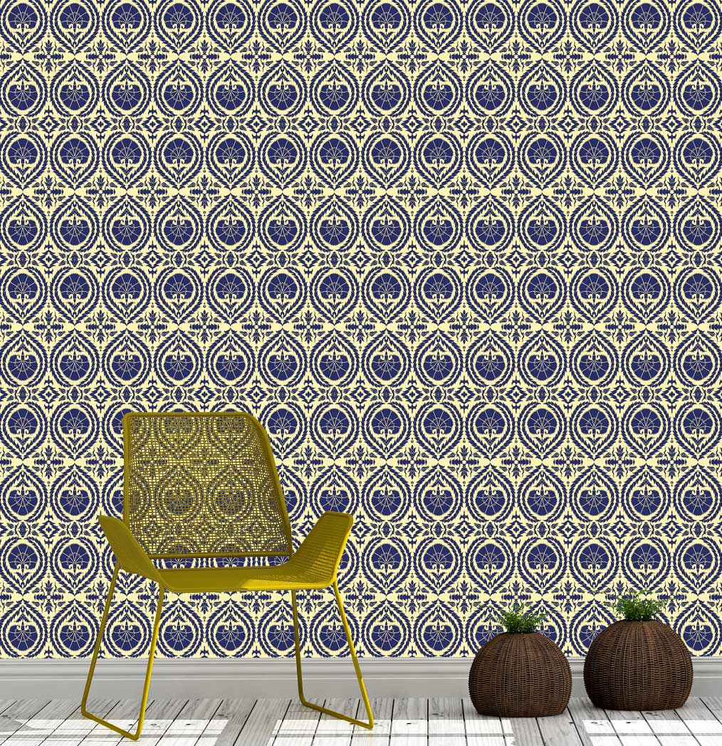 Wallpaper Acanthus and Wreath Blue On Yellow - £37.50 per sq metre Long Studio Design