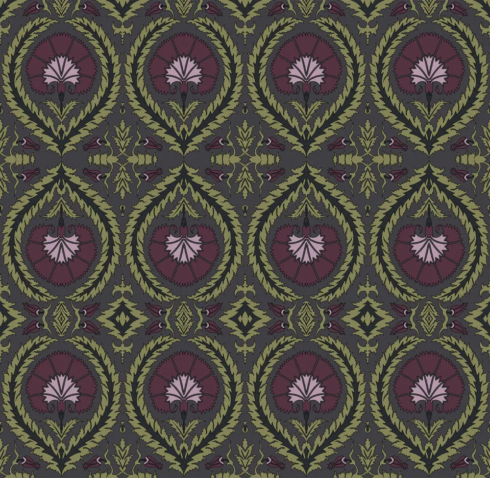 Wallpaper Acanthus and Wreath Grape and Green on Coffee - £37.50 per sq metre Long Studio Design