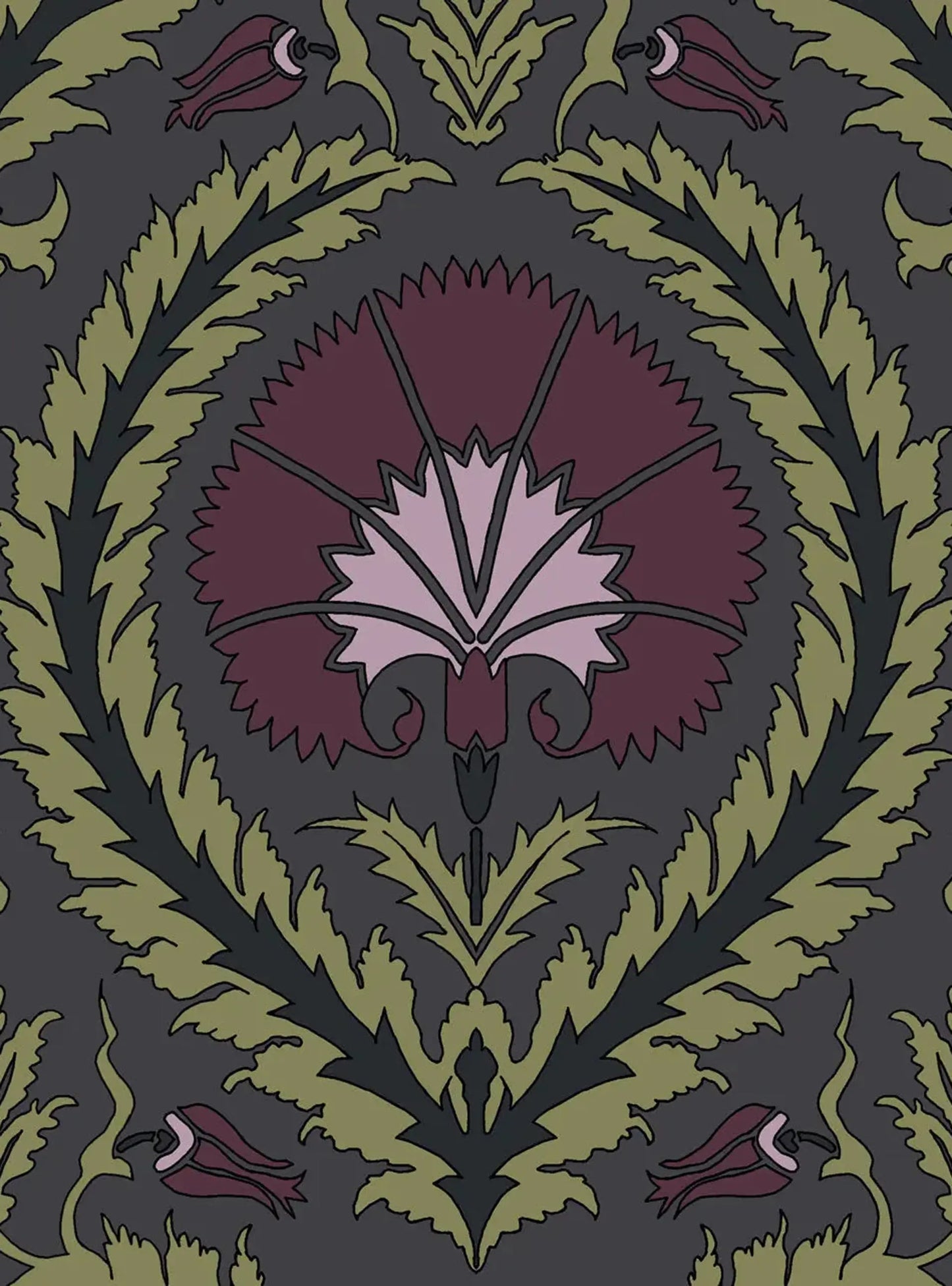 Wallpaper Acanthus and Wreath Grape and Green on Coffee Long Studio Design