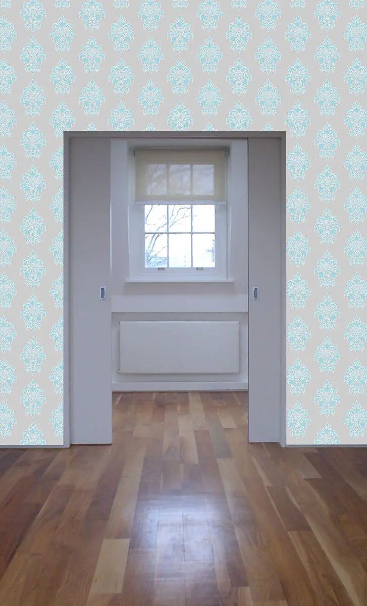 Wallpaper Damask Flower Blue On Grey - £37.50 per sq metre Long Studio Design