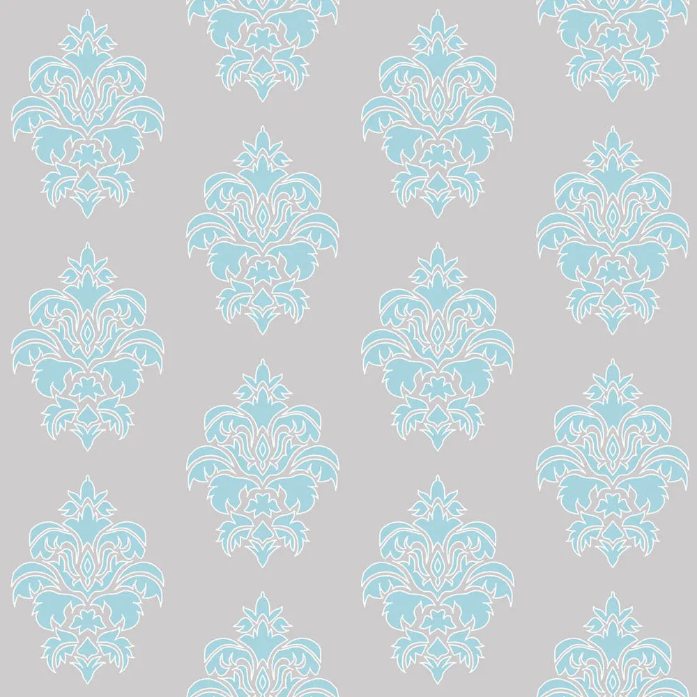 Wallpaper Damask Flower Blue On Grey - £37.50 per sq metre Long Studio Design