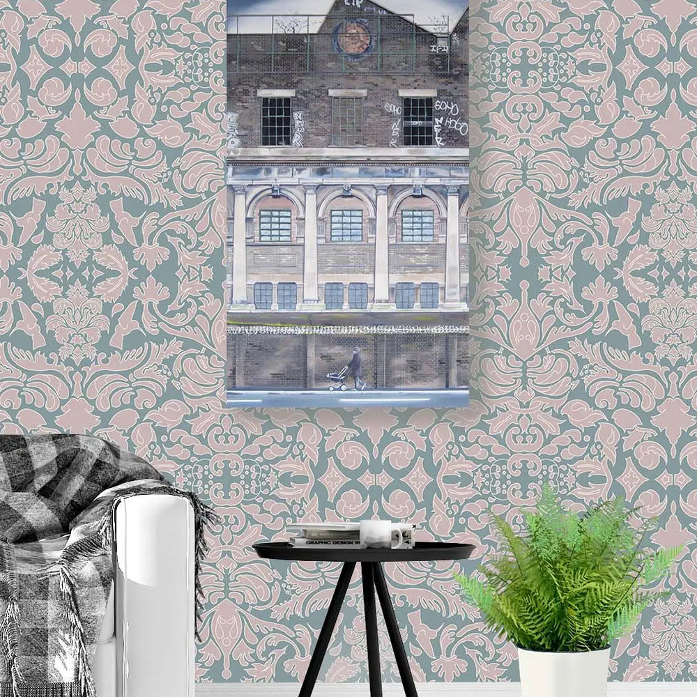 Wallpaper Hummingbird Damask Pink Sage - £37.50 per sq metre Long Studio Design