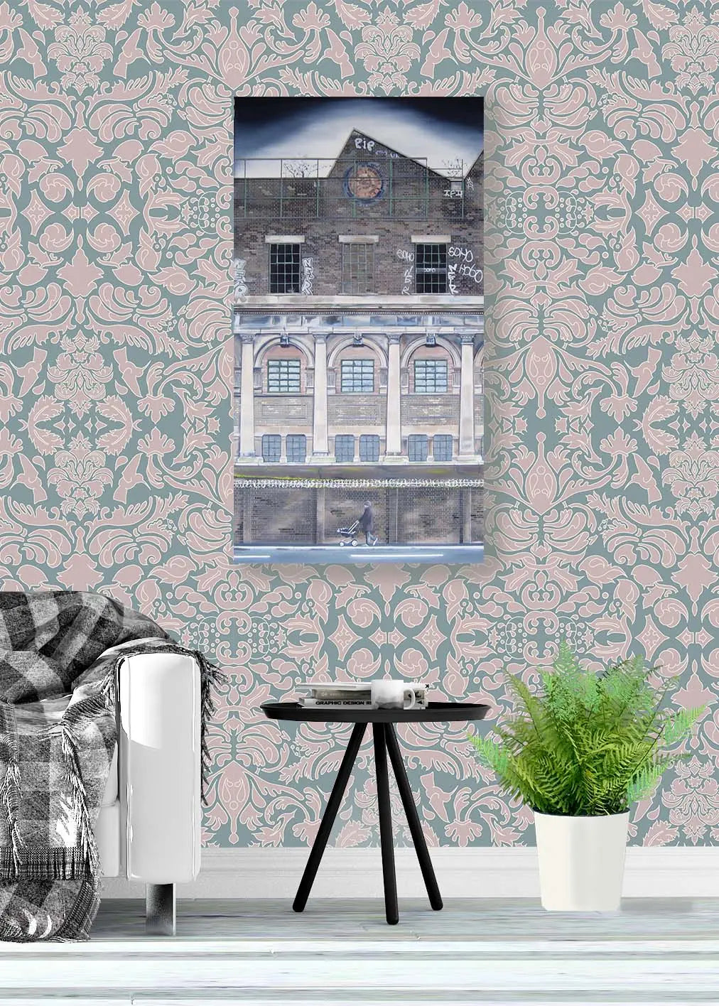 Wallpaper Hummingbird Damask Pink Sage - £37.50 per sq metre Long Studio Design