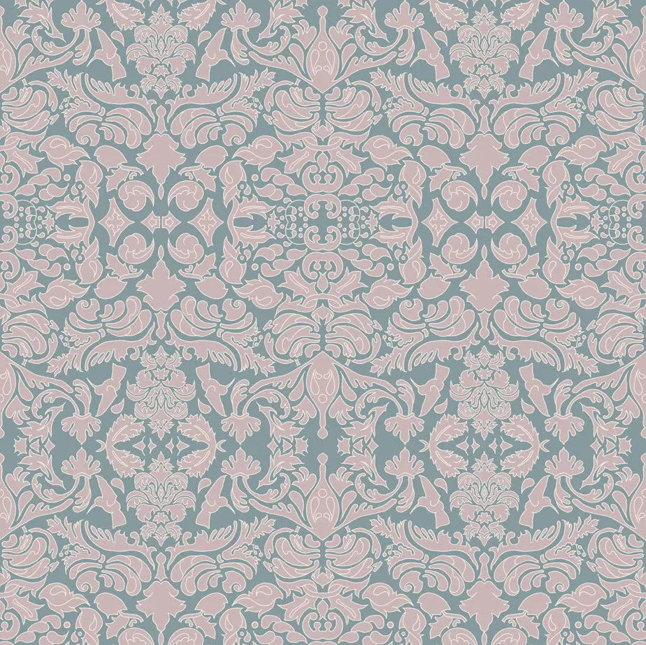 Wallpaper Hummingbird Damask Pink Sage - £37.50 per Sq Metre Long Studio Design